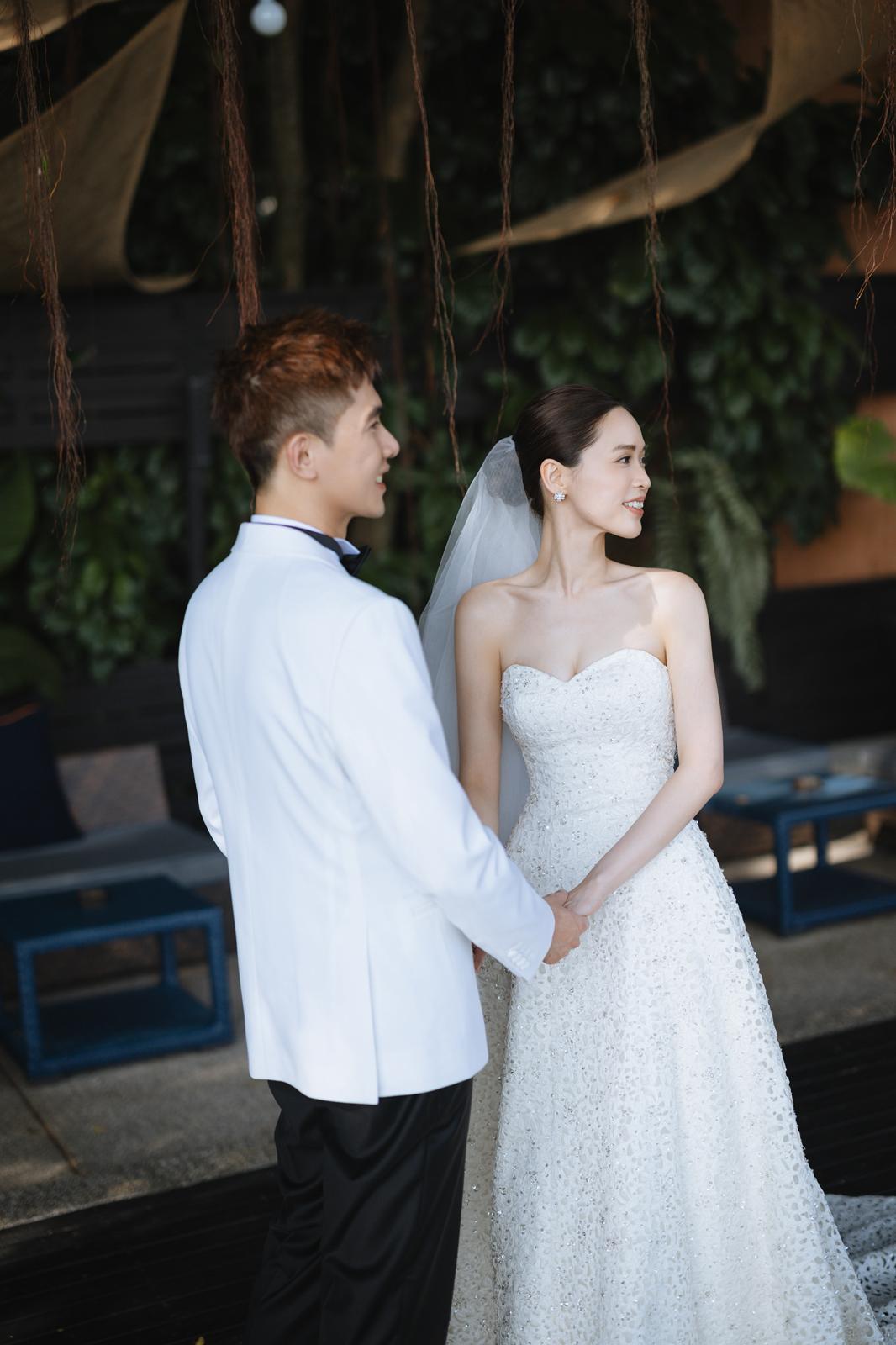 Elegant bride and groom first look