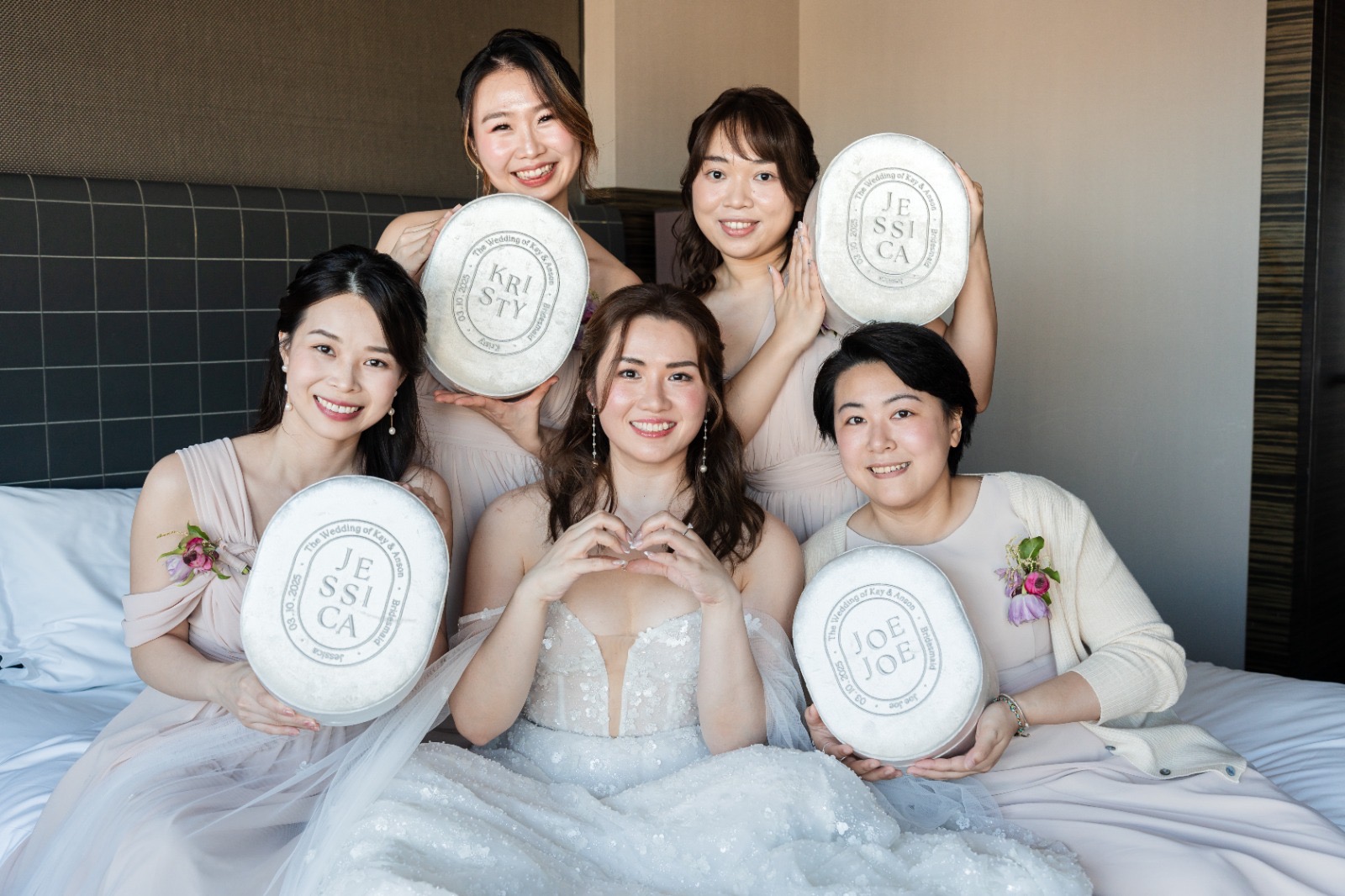 Bride and bridesmaids with personalised name plates